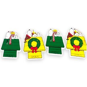 Lot of 4 VTG 1990 Sylvestri Peanuts Snoopy Wood Christmas Ornaments Dog House